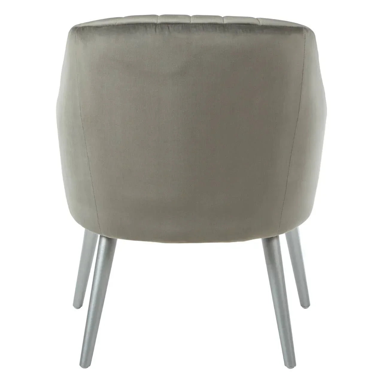 Grey upholstered dining chair with rounded backrest and metal legs, rear view