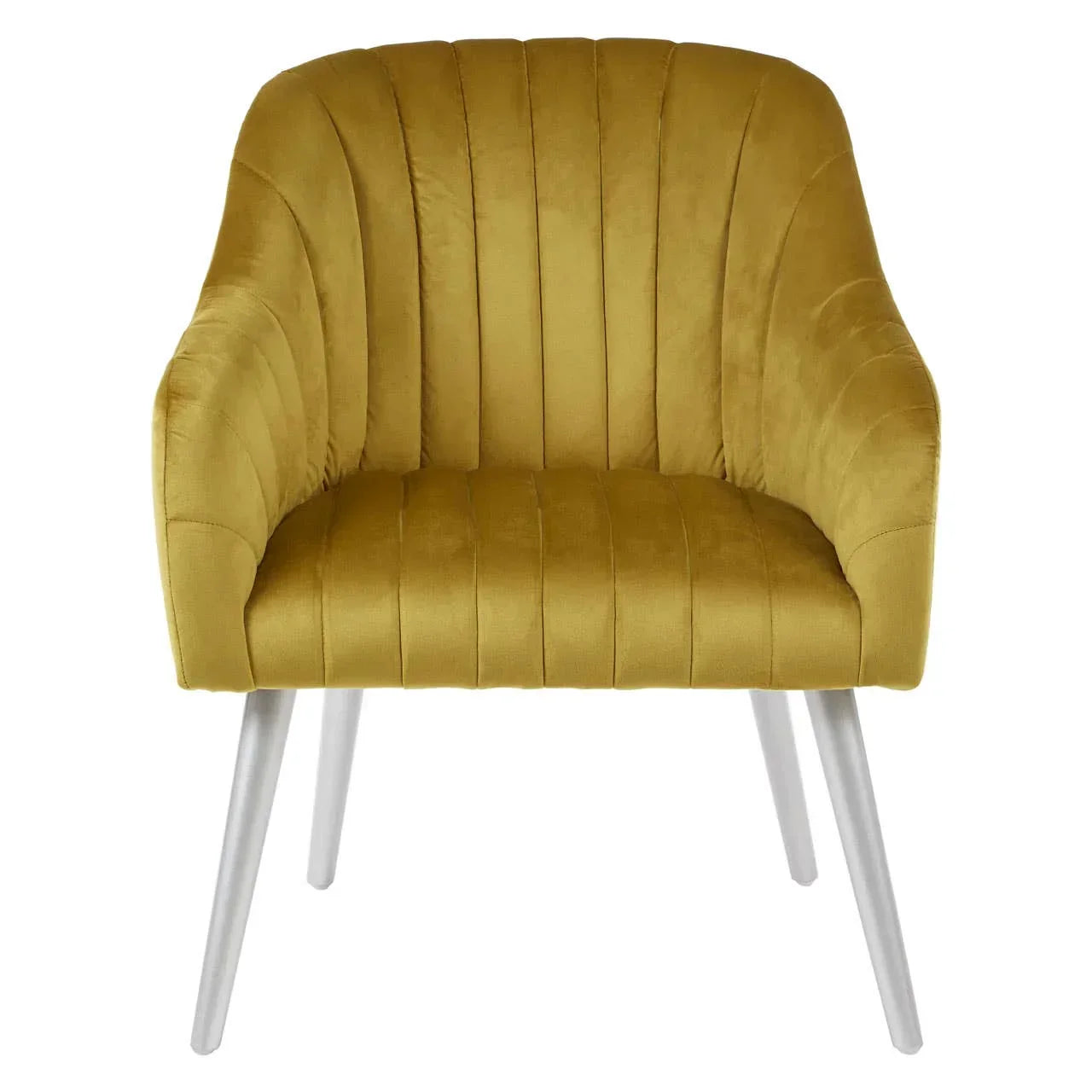 Mustard velvet accent chair with vertical stitching and angled silver legs front view