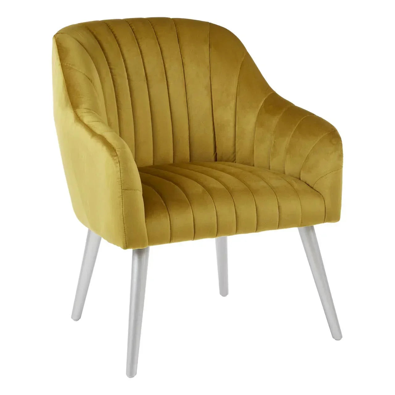 Mustard yellow velvet accent chair with vertical stitch detail and angled metal legs