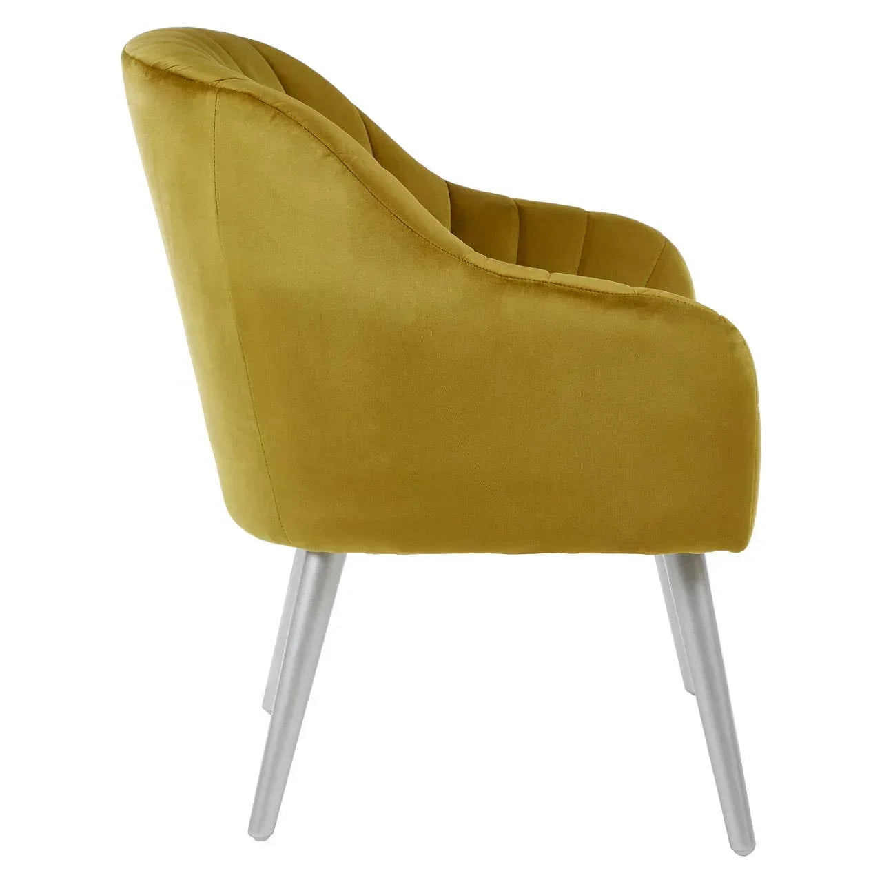 Mustard yellow velvet accent chair with silver metal legs, side angle view
