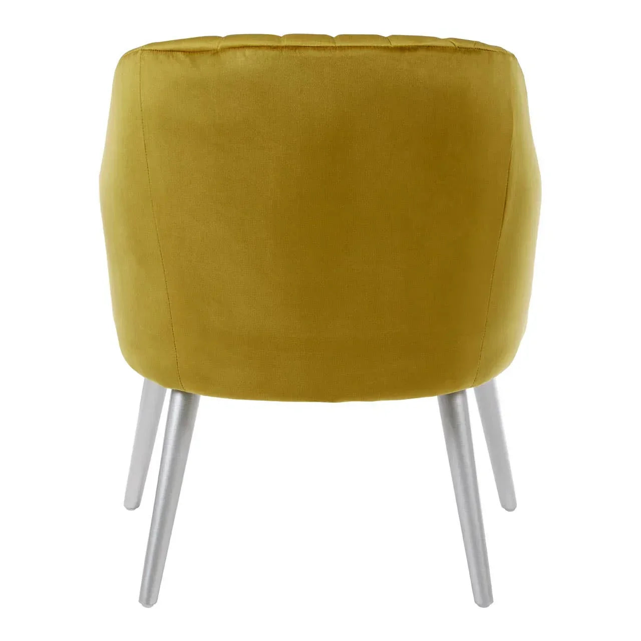 Back view of mustard velvet accent chair with silver metal legs