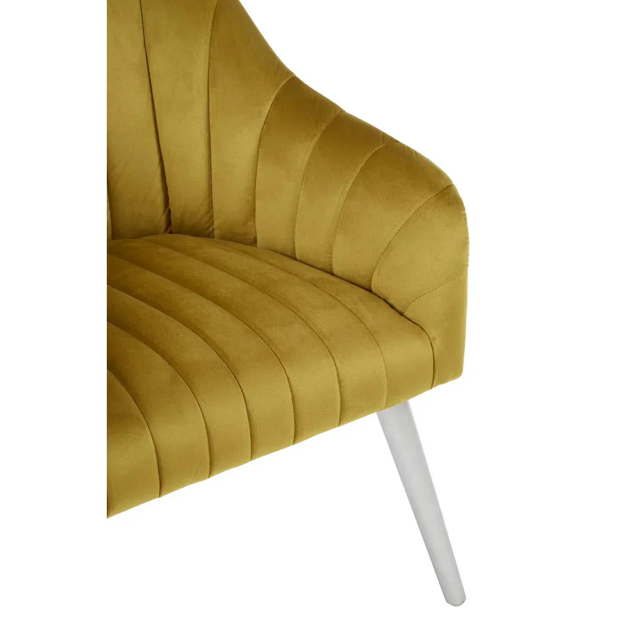 Mustard velvet accent chair with white tapered leg and channel stitching detail