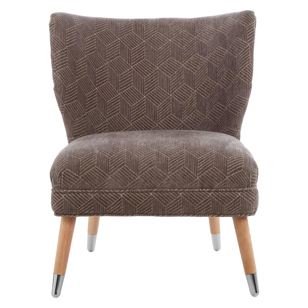 Brown accent chair with geometric pattern and wooden legs with silver tips, front view