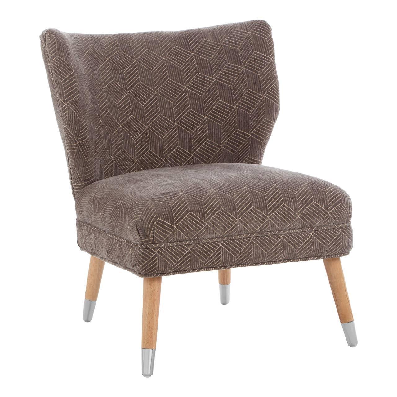 Brown accent chair with geometric patterned fabric and wooden legs, front angle view