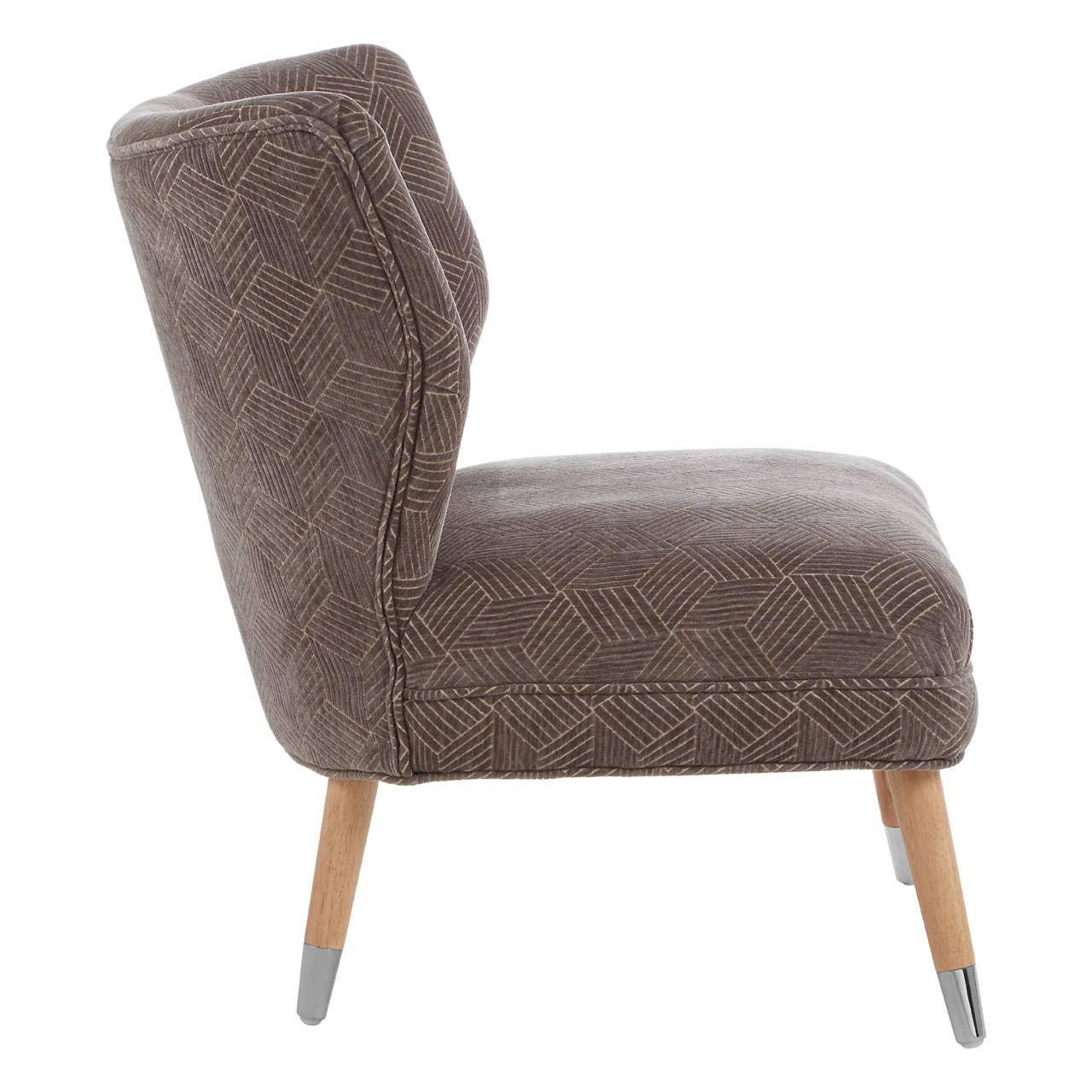 Geometric pattern accent chair in brown fabric with angled wooden legs, side view