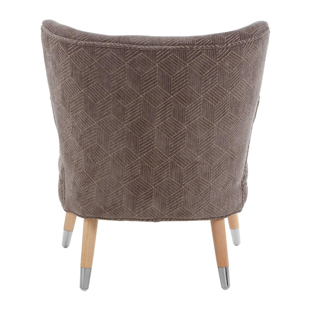 Geometric fabric accent chair back view with wooden legs and metal tips