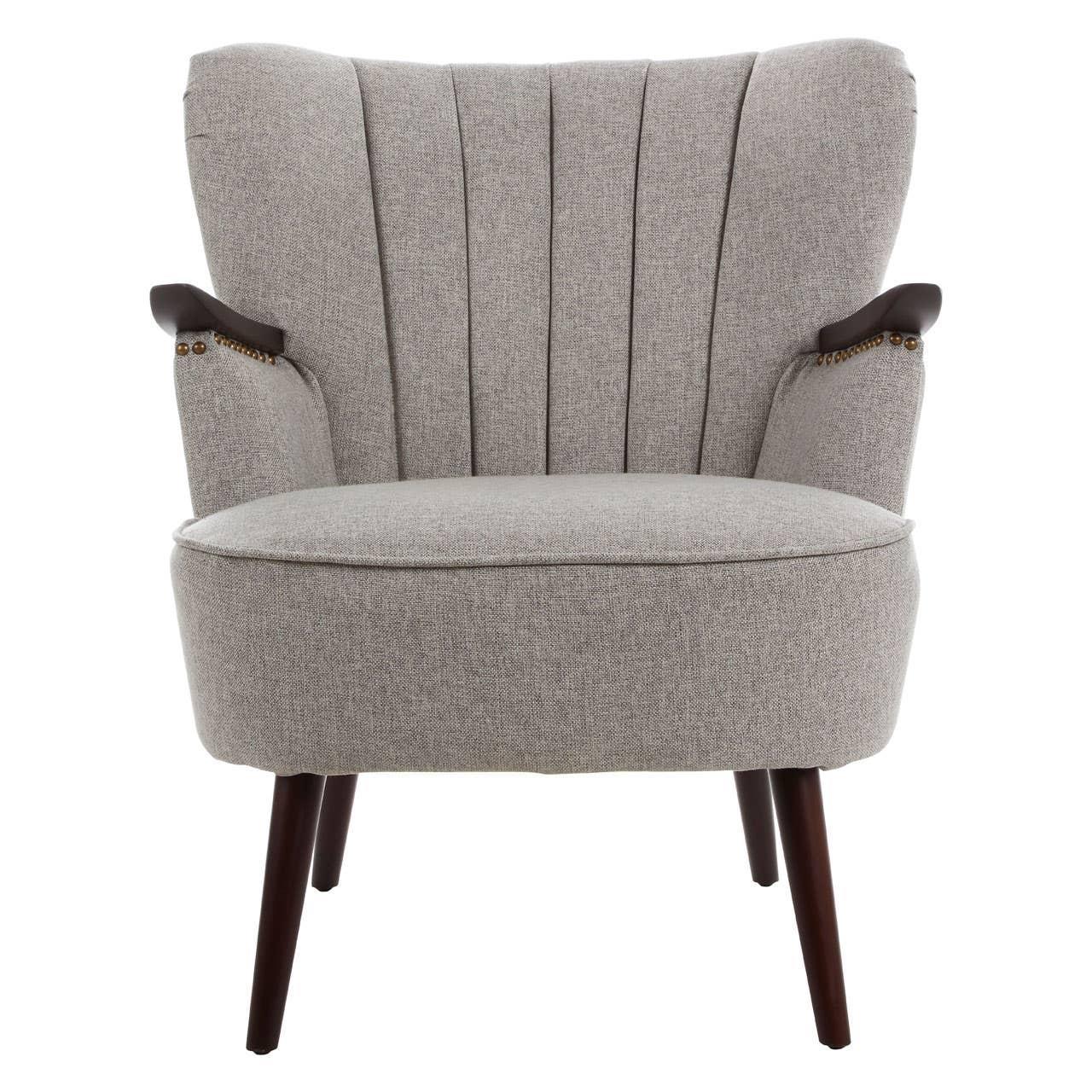 Grey fabric armchair with wooden legs and fluted backrest, front view