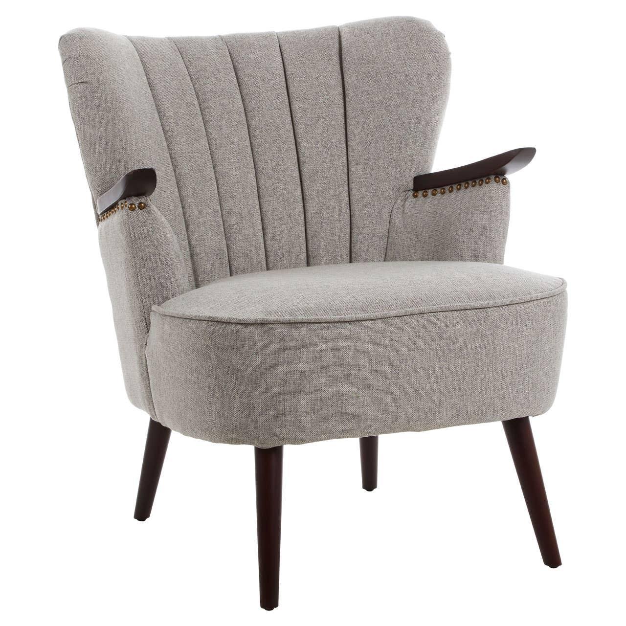 Light grey accent chair with dark wood legs and button armrest detail, front angle view
