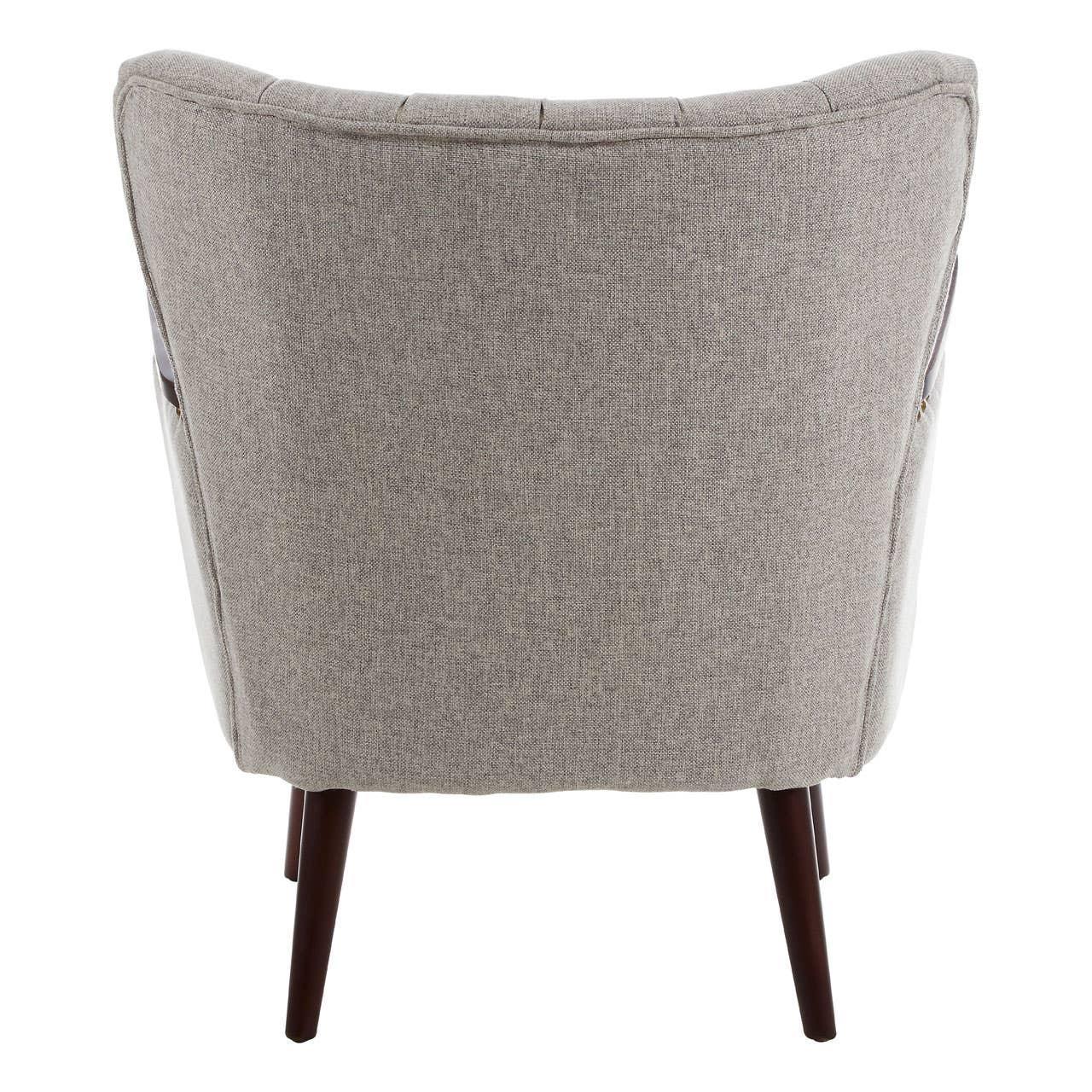 Back view of grey fabric armchair with dark wooden legs