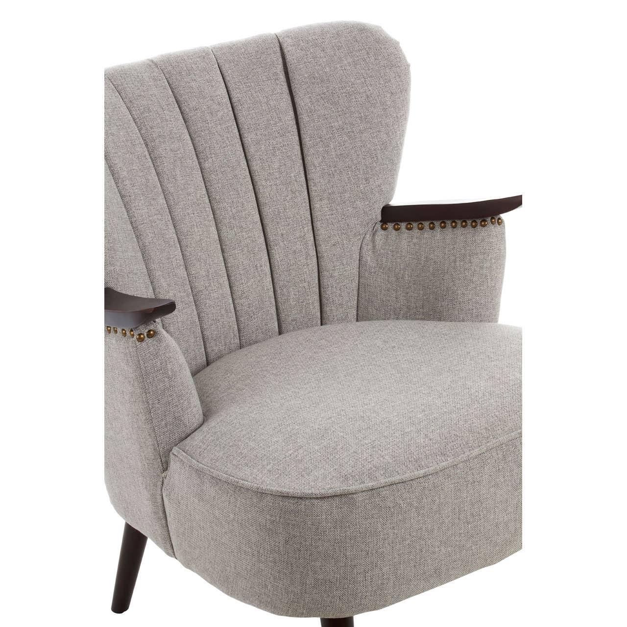 Grey upholstered armchair with fluted backrest and wooden armrests