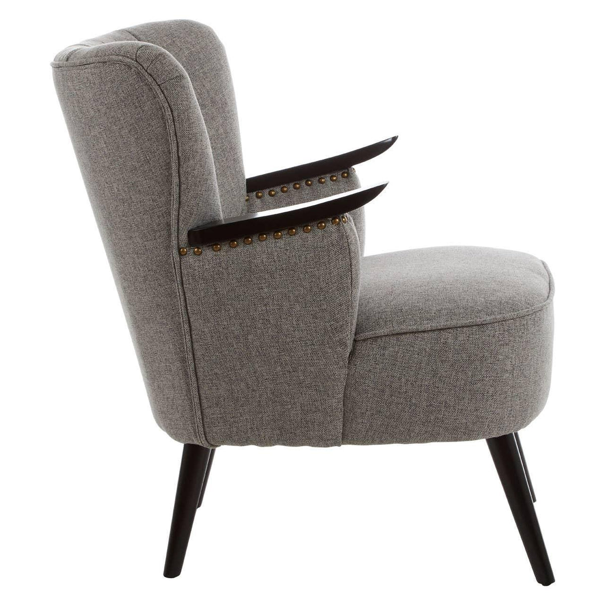 Grey upholstered armchair with nailhead trim and dark wooden arms, side view