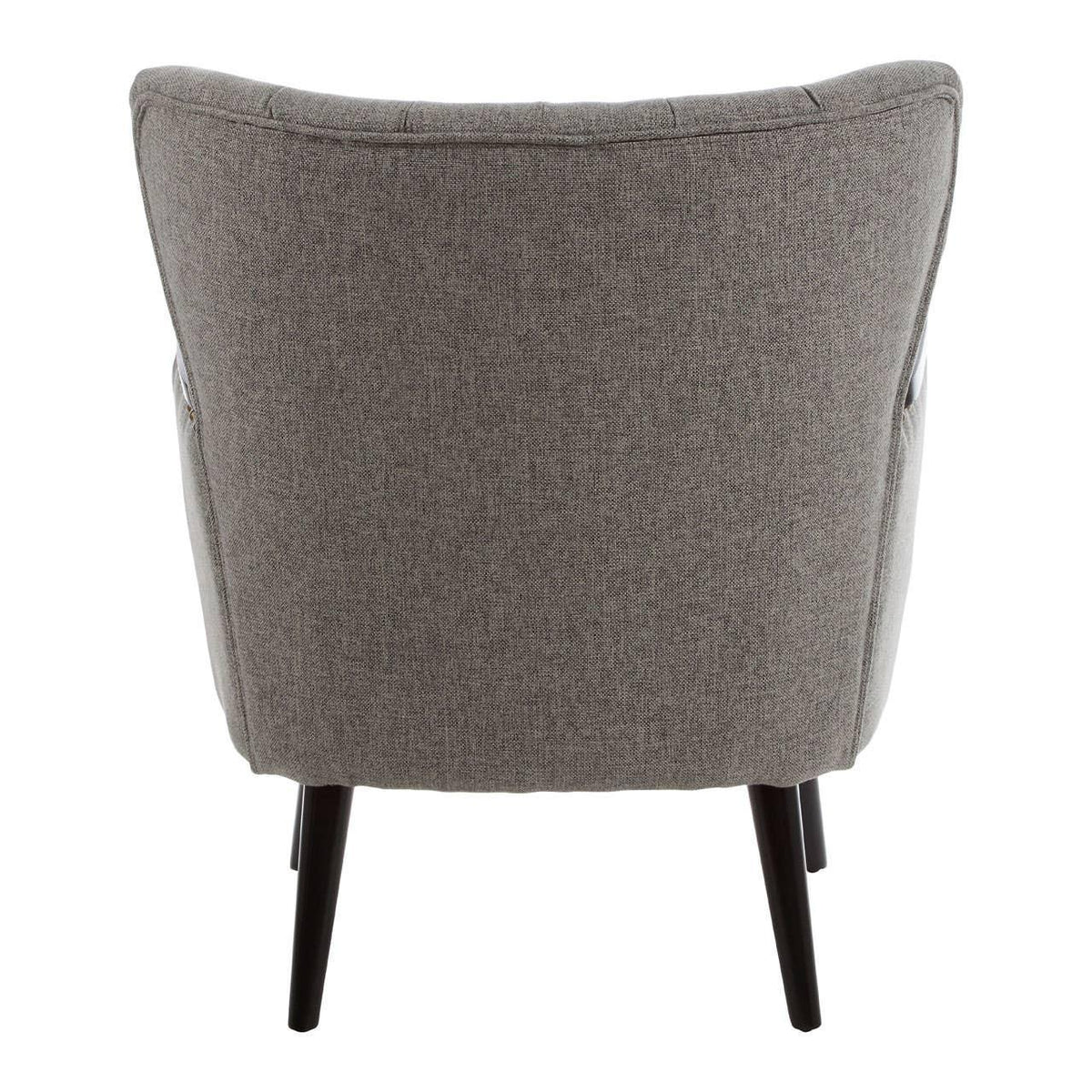 Back view of grey fabric armchair with tapered black wooden legs