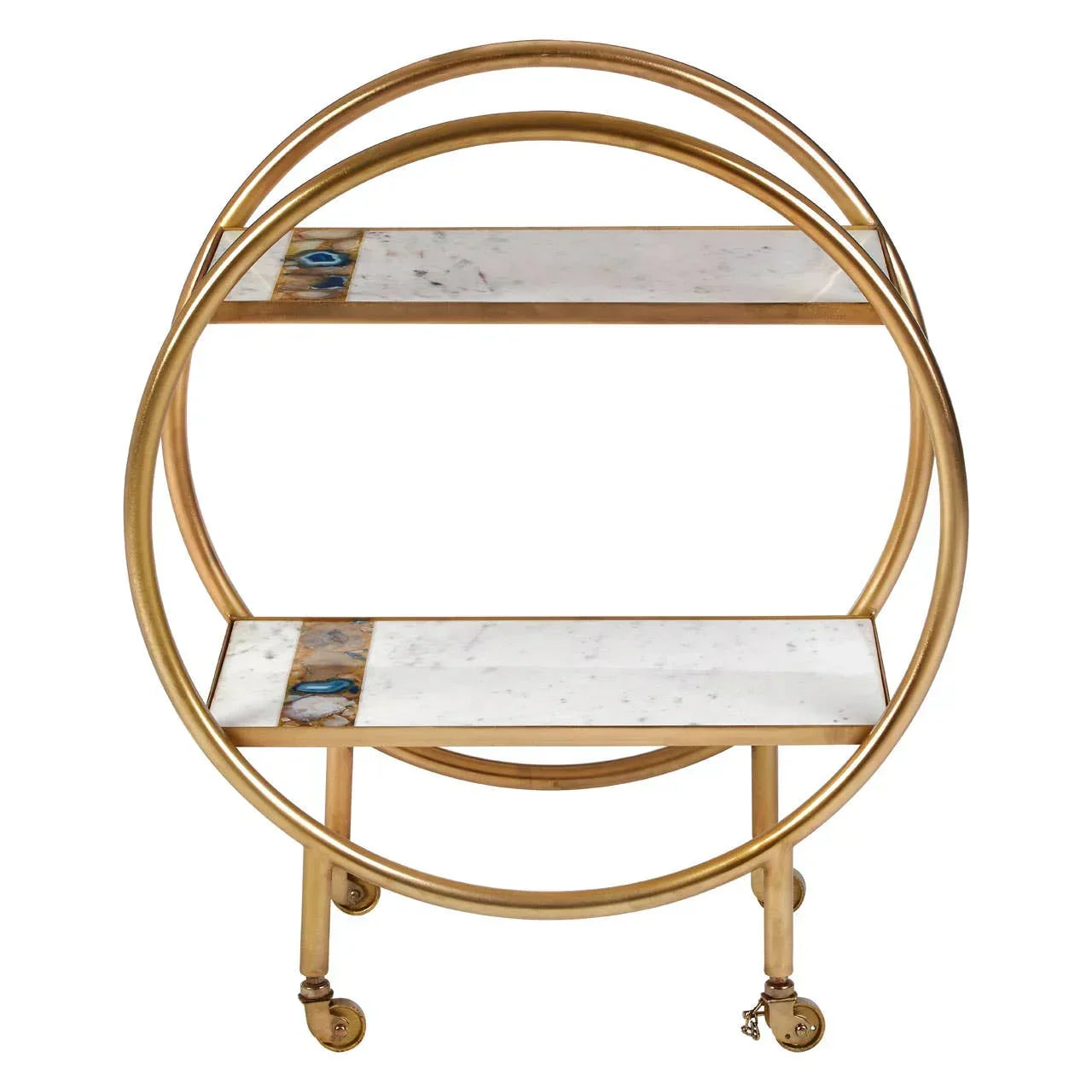 Gold circular bar cart with white marble shelves and casters