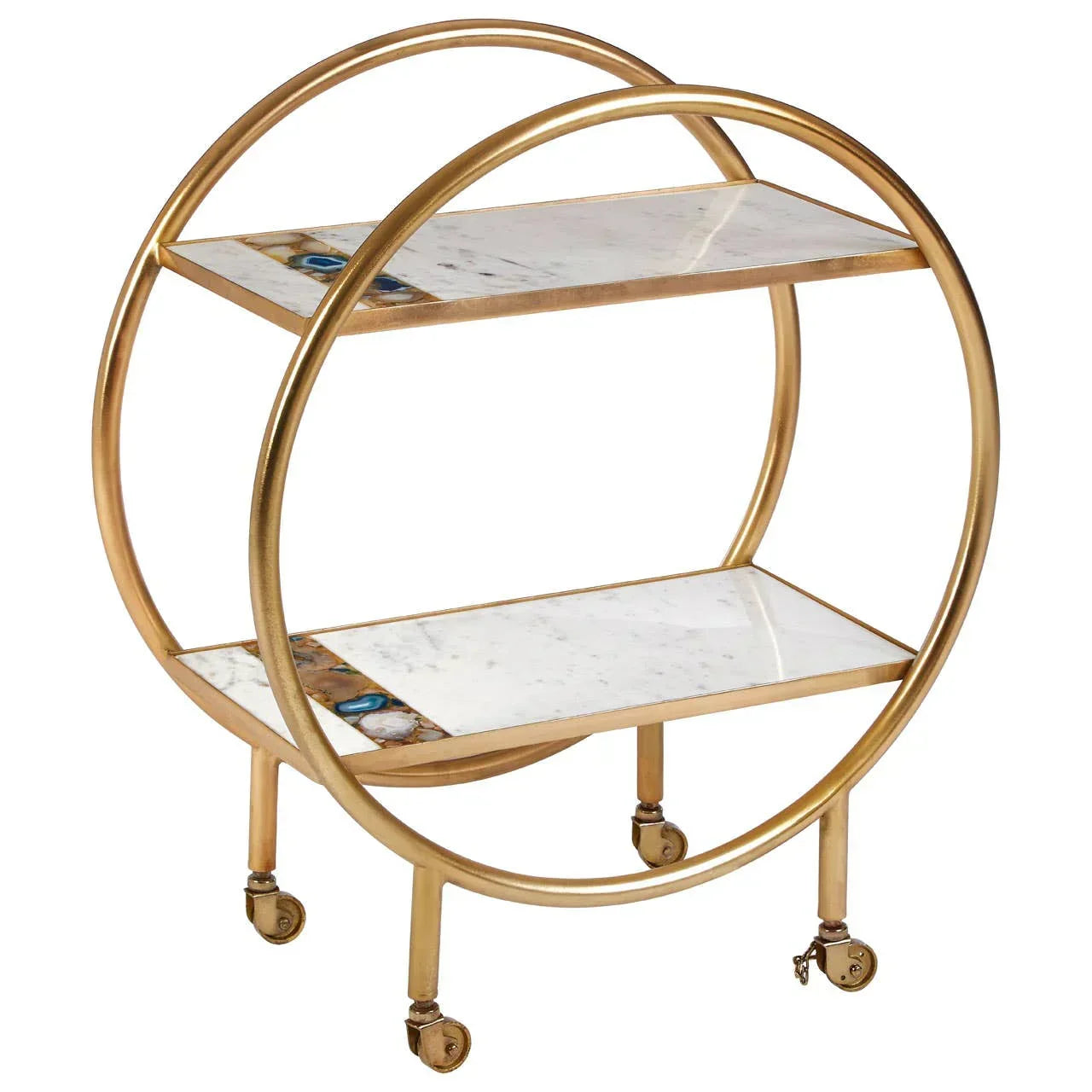 Gold circular bar cart with marble shelves and caster wheels