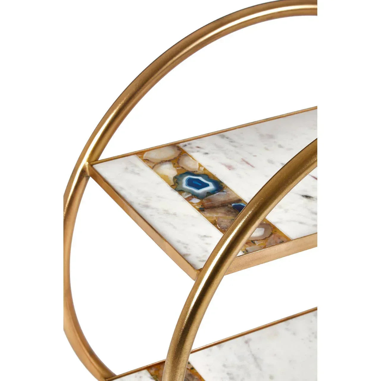 Marble and agate shelf with gold metal frame, closeup of geometric shelving design
