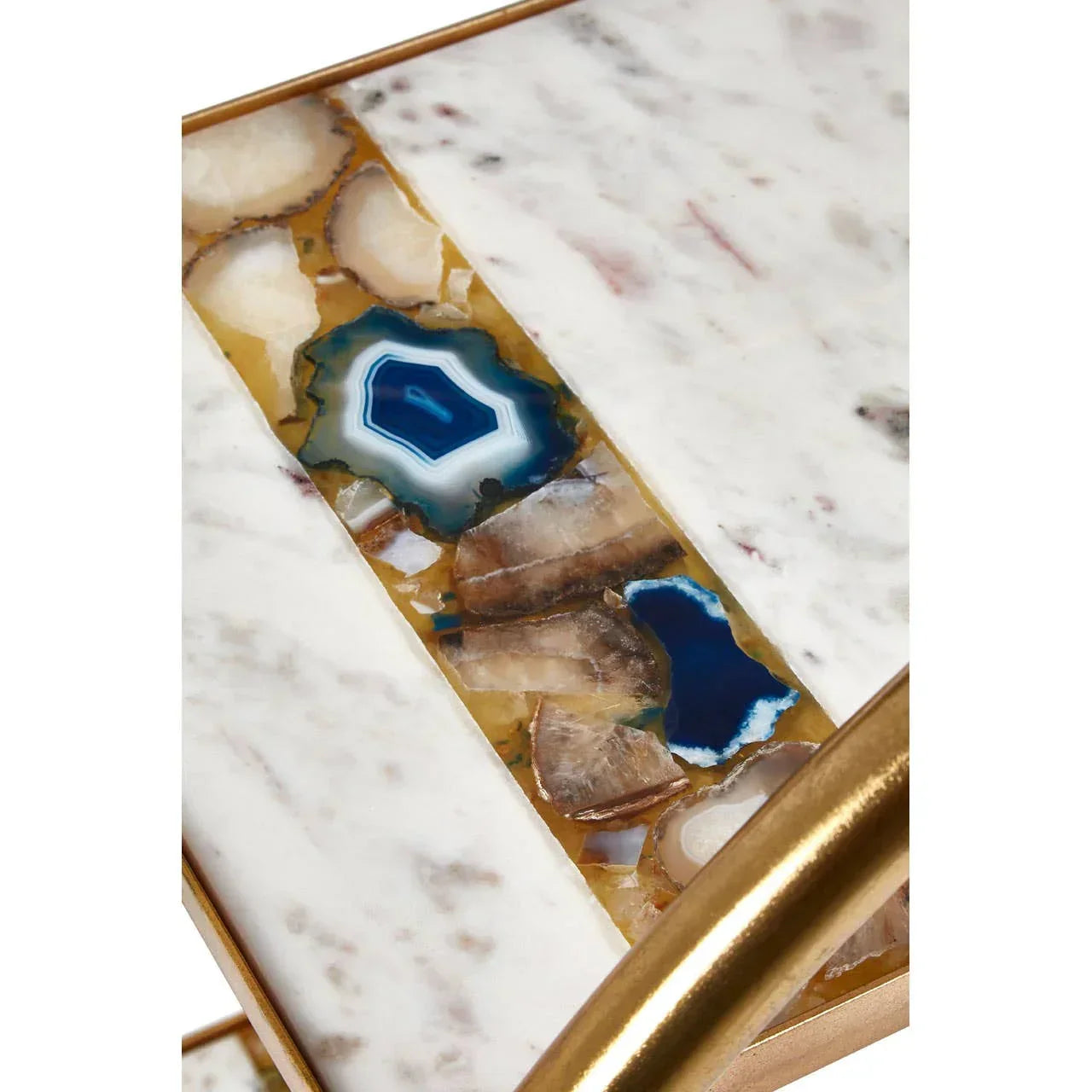 Marble side table with agate stone inlay and gold metal frame detail