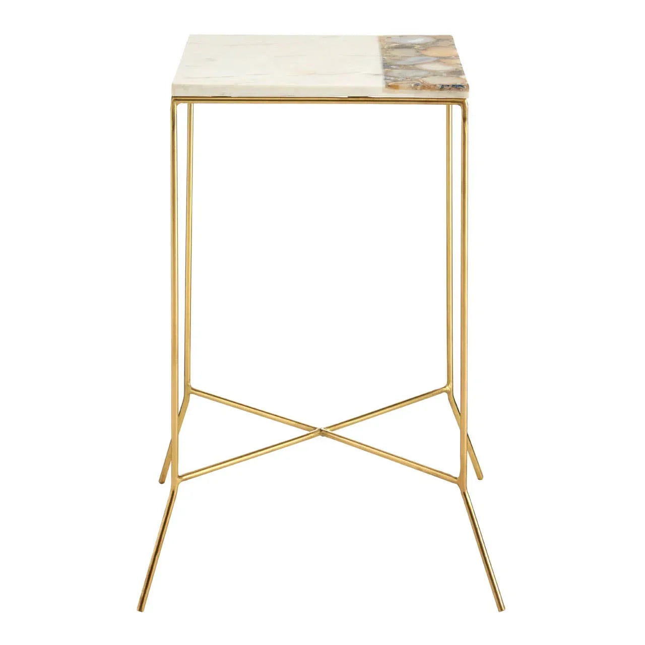 Marble side table with gold metal frame and geometric base, straight-on view