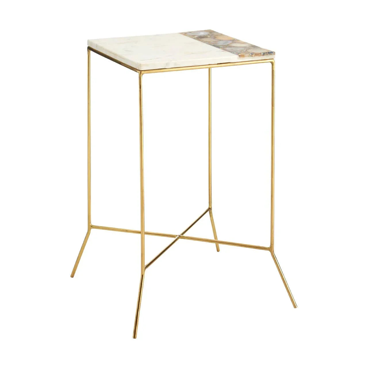 Square marble top side table with gold metal frame and cross base