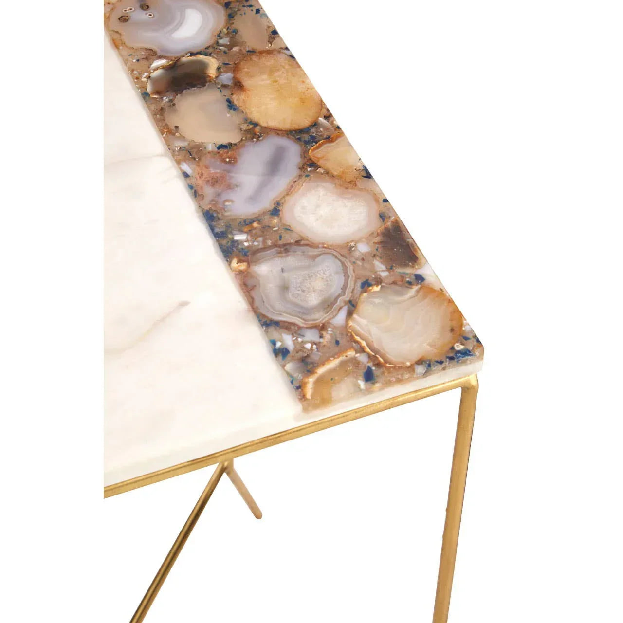 Marble and agate side table with gold metal legs, detail of stone inlay top