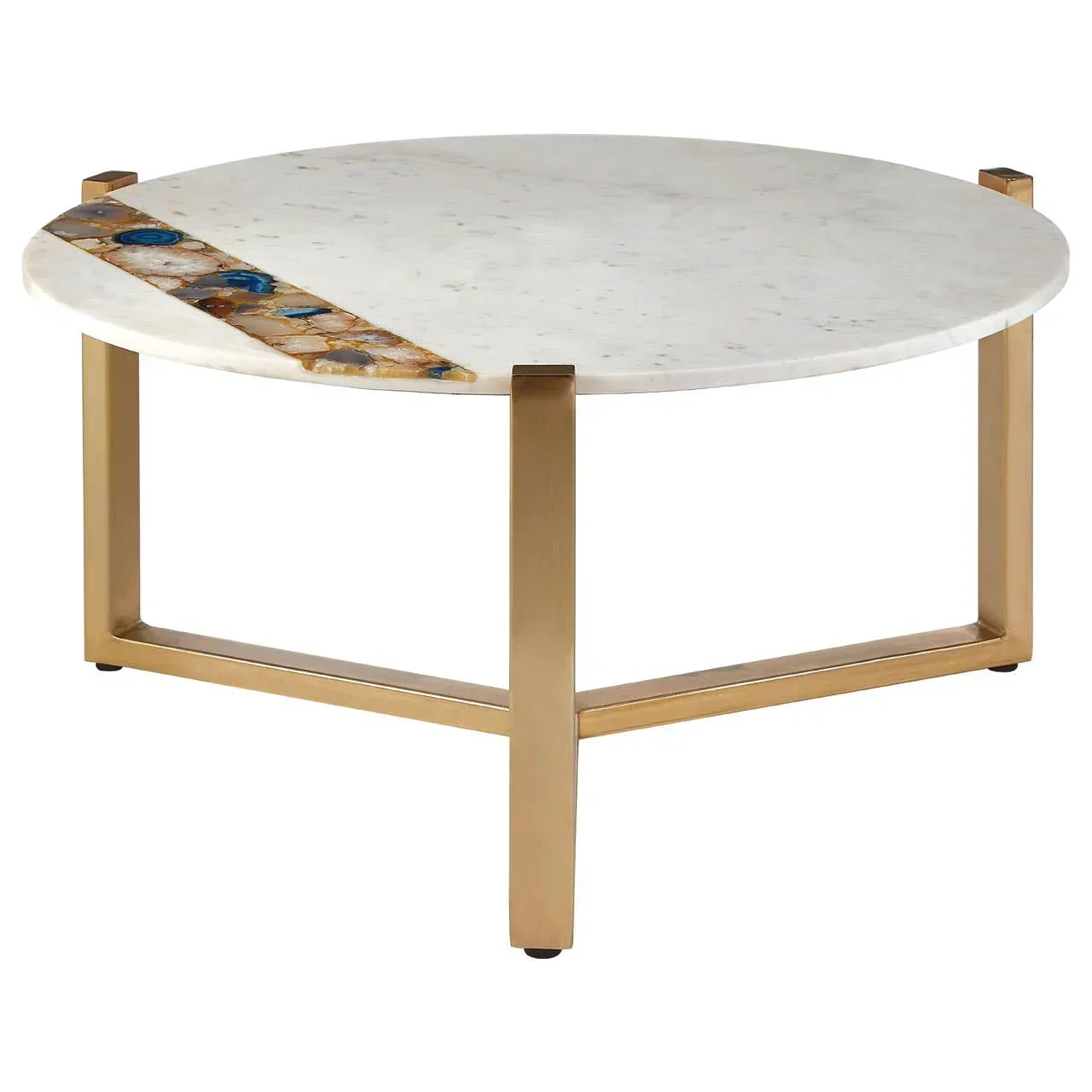 Round marble coffee table with gold geometric base and decorative stone inlay accent