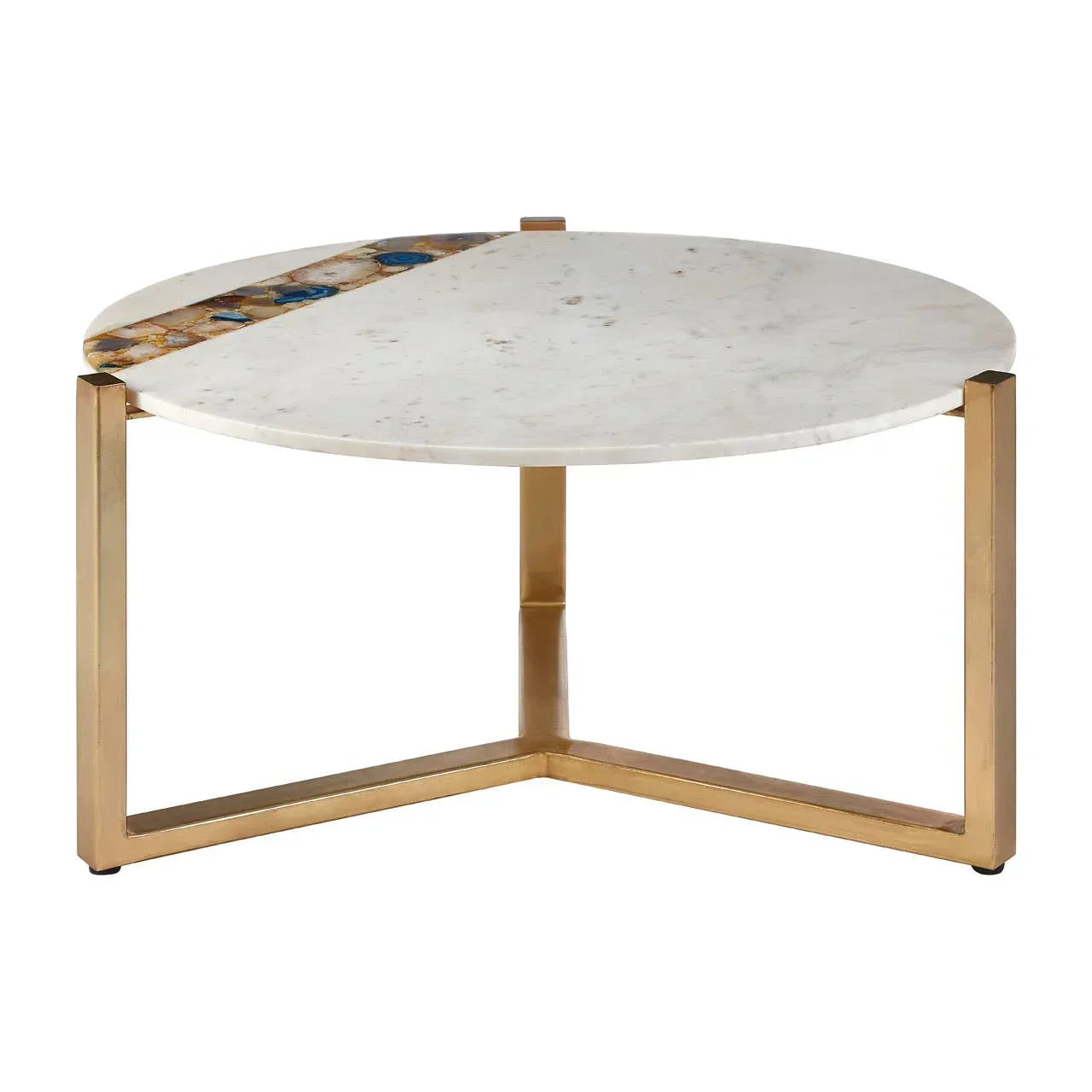 Round marble coffee table with gold metal base and gemstone inlay accent