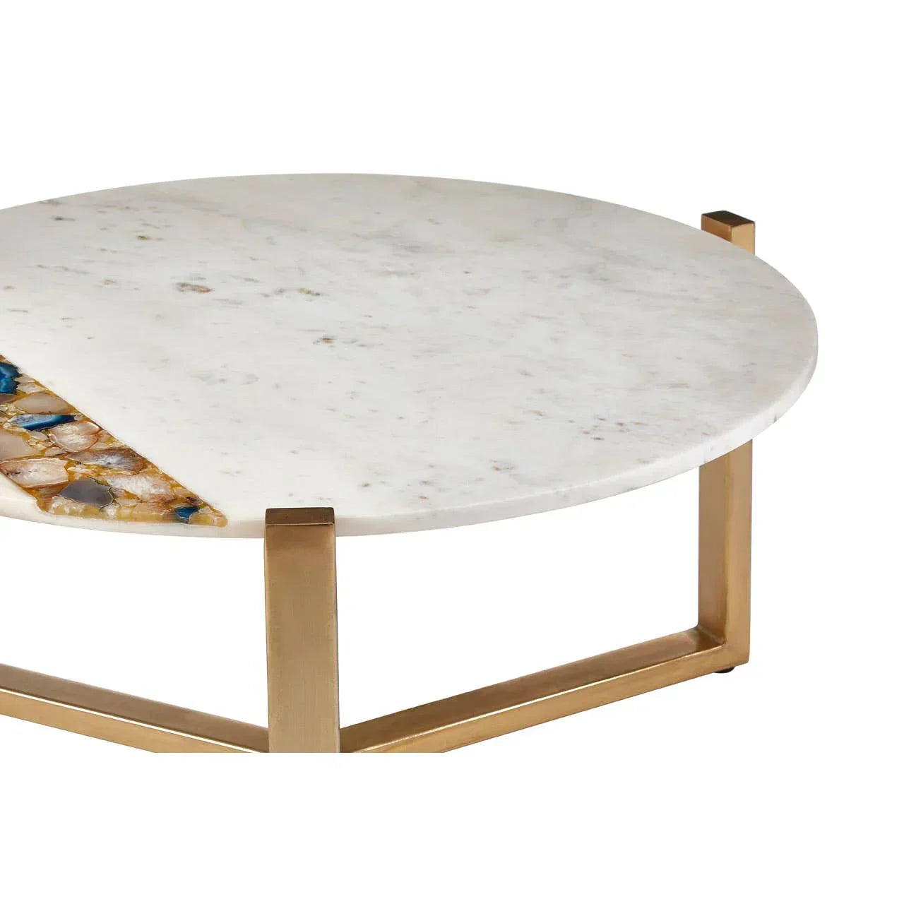 Round marble coffee table with gold metal legs and gemstone inlay detail