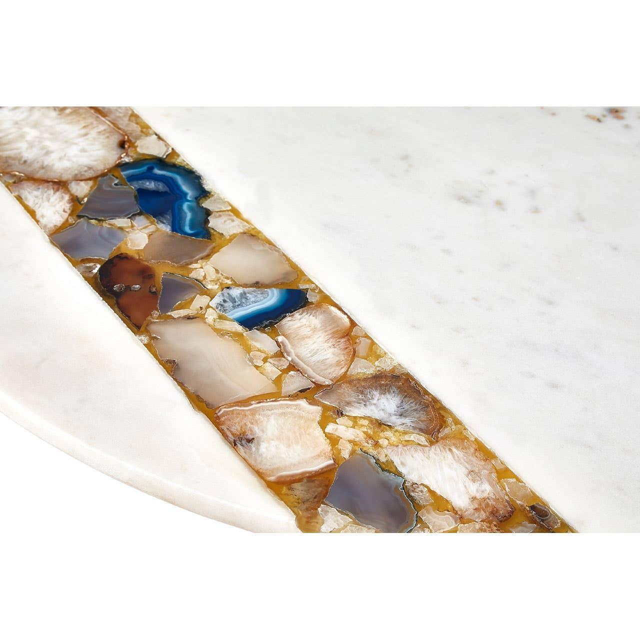 Round marble table top with inlaid multicolored stone accent strip