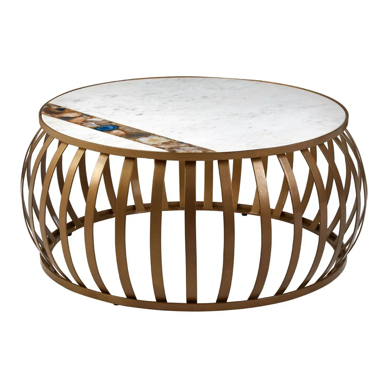 Round marble top coffee table with gold metal openwork base and decorative inlay accent