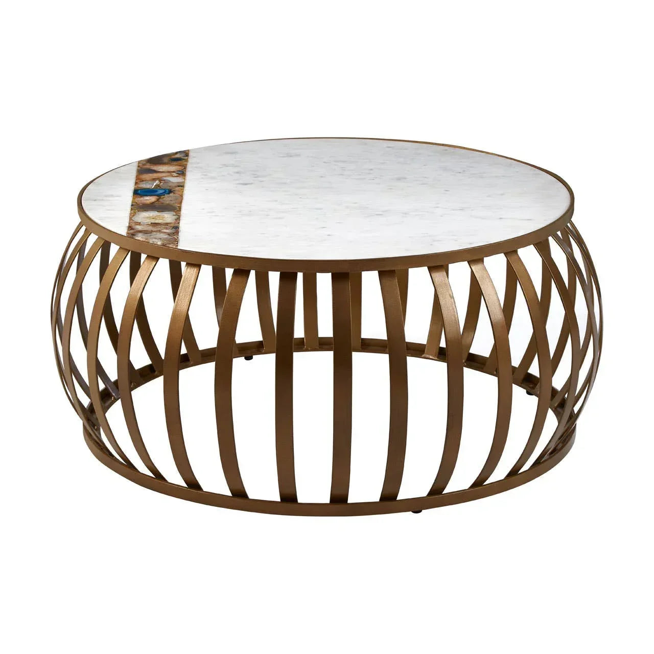 round coffee table with gold metal base and white marble top featuring decorative inlay
