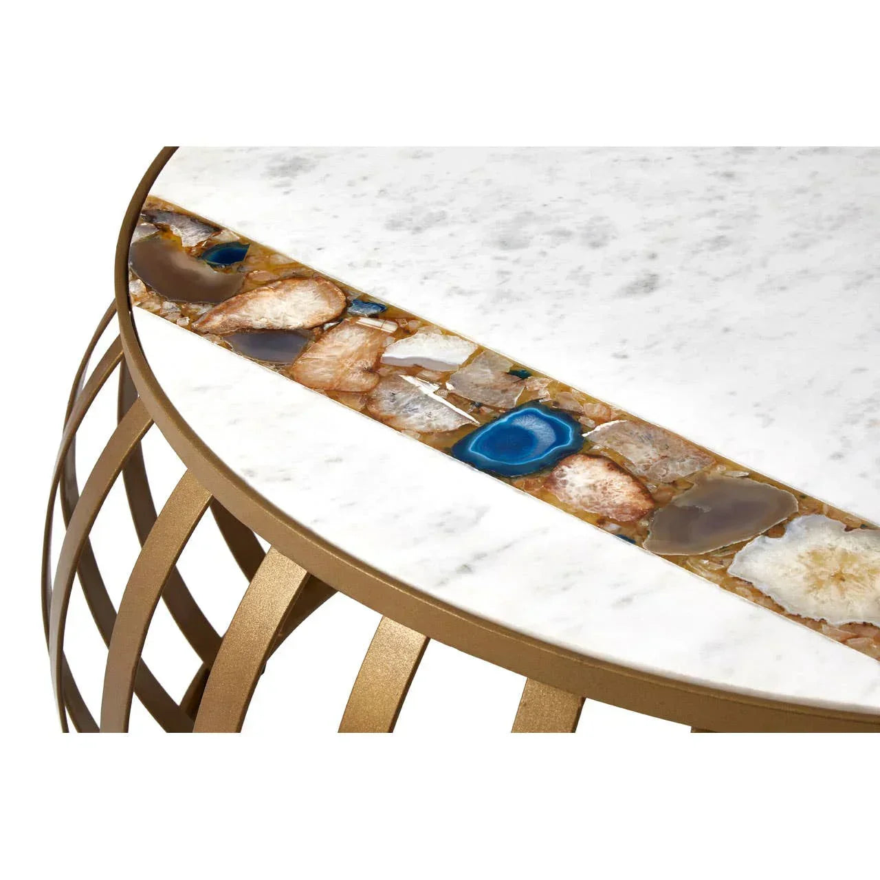 Round marble side table with agate stone inlay and gold metal base