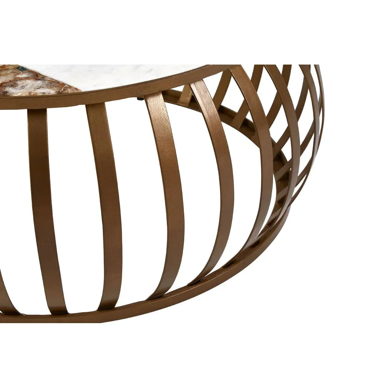 Round coffee table with gold metal frame and marble top closeup