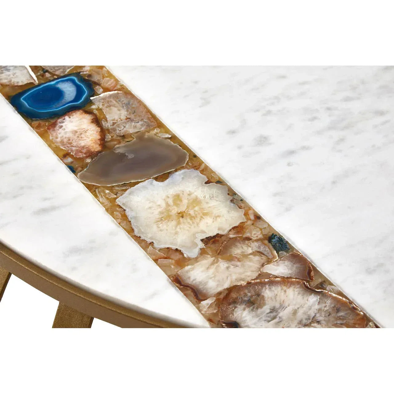 Round marble coffee table with agate stone inlay detail on tabletop