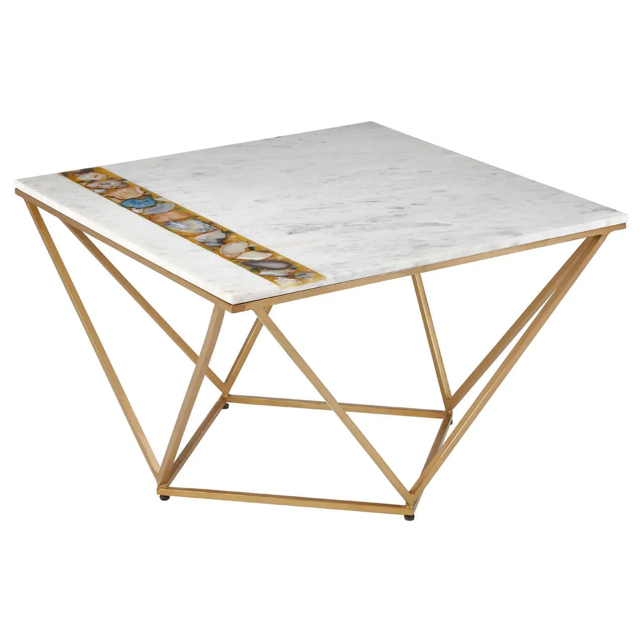 Square marble coffee table with gold geometric metal base and decorative inlaid stone strip