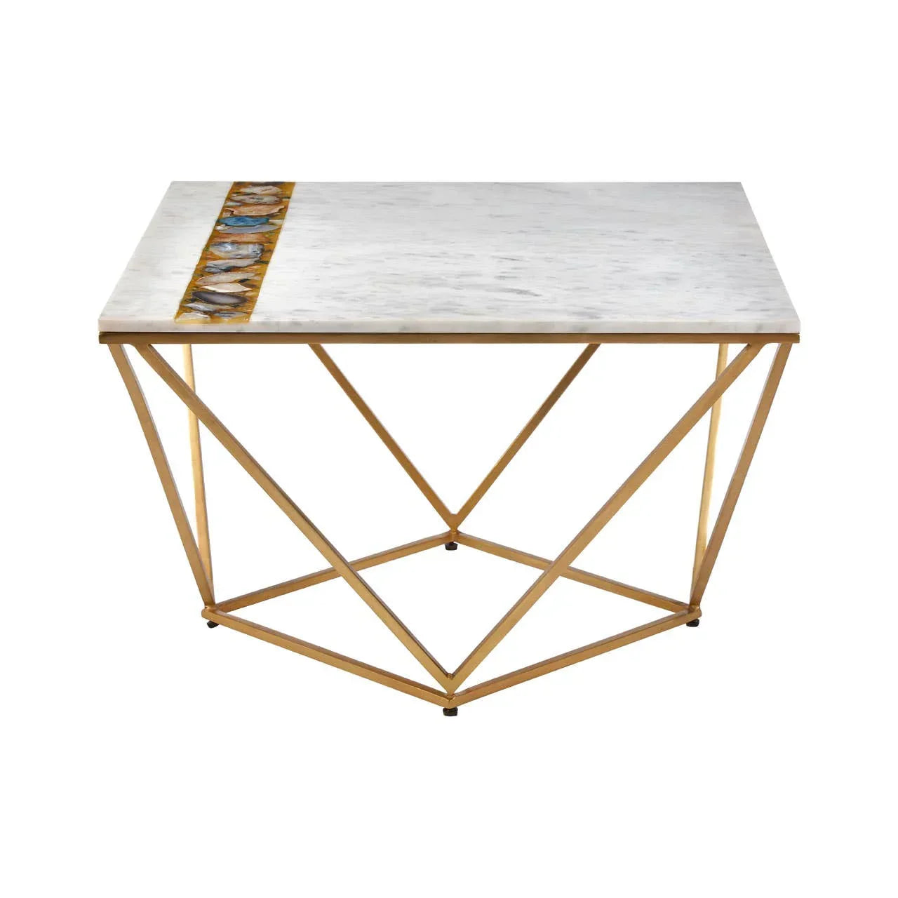 Rectangular marble coffee table with gold geometric metal base and decorative stone inlay