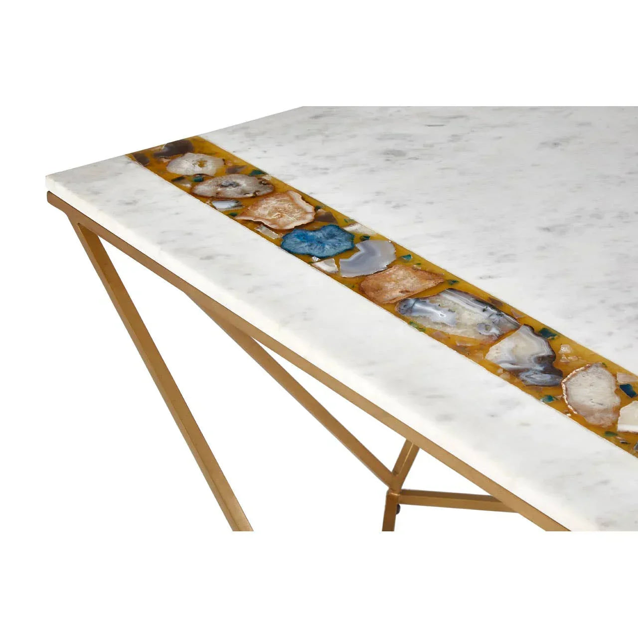 White marble coffee table with inlaid multicolour stone strip and gold metal legs