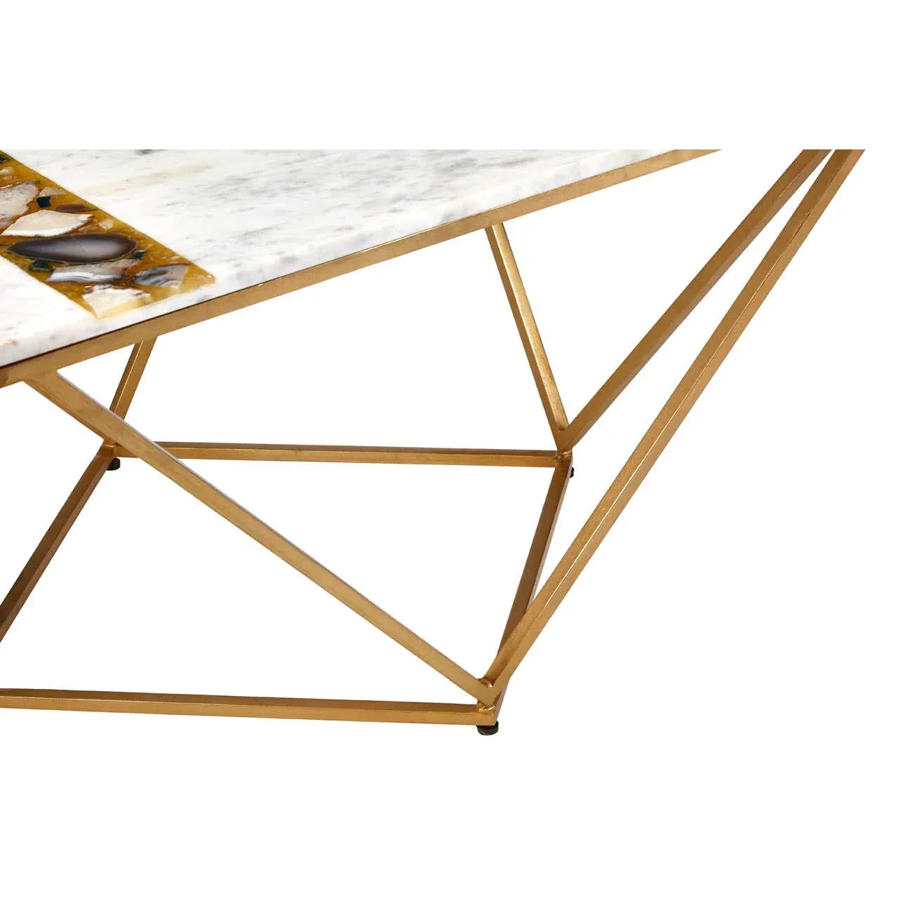 Marble coffee table with gold metal geometric frame and inlaid accent detail