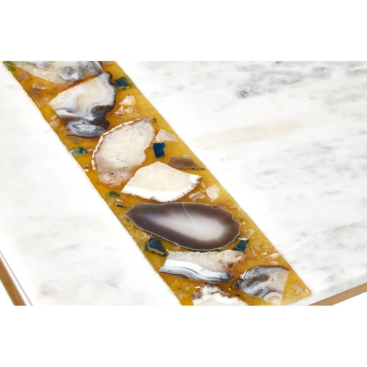 marble coffee table with agate stone inlay detail and polished white surface