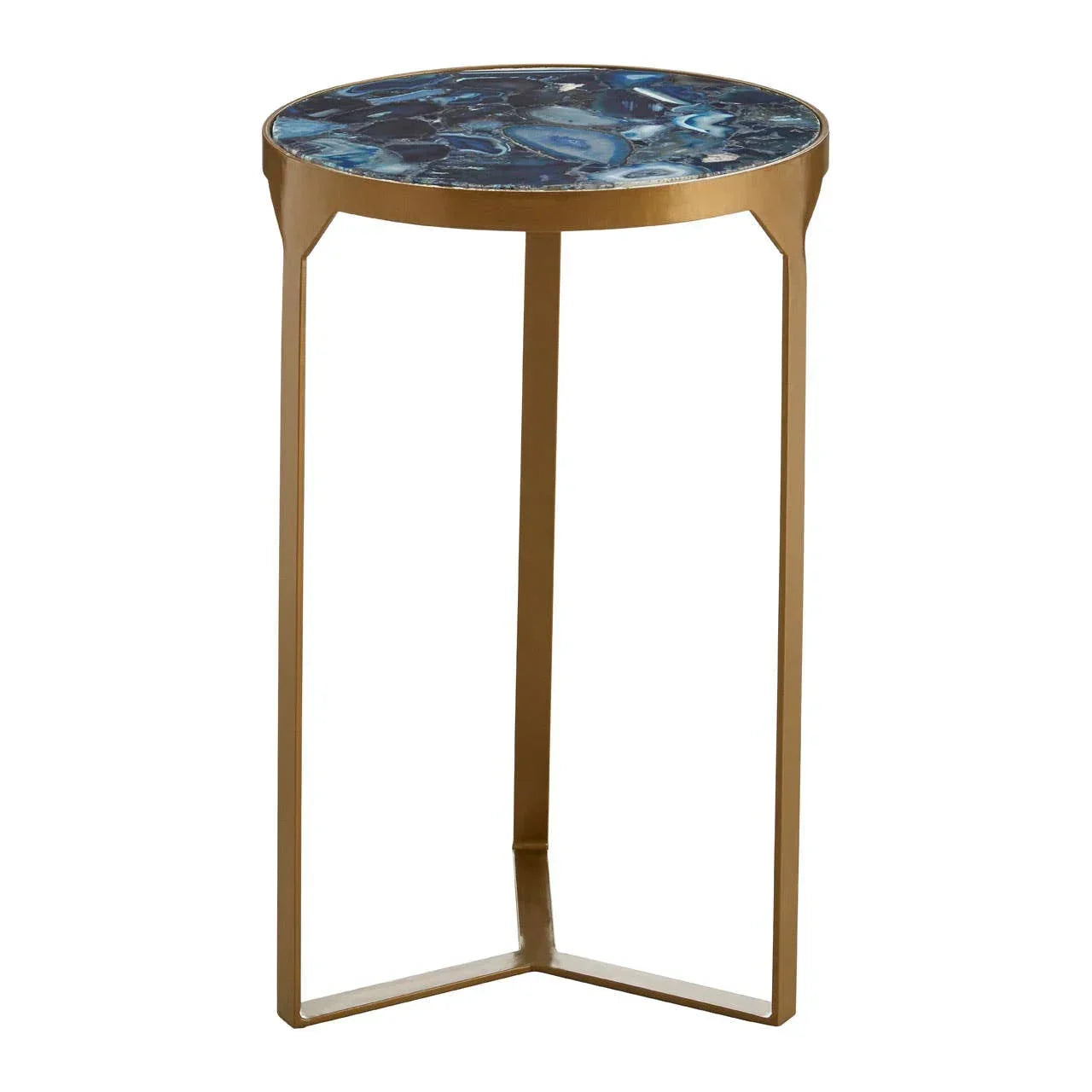 Round side table with gold metal frame and blue agate pattern top