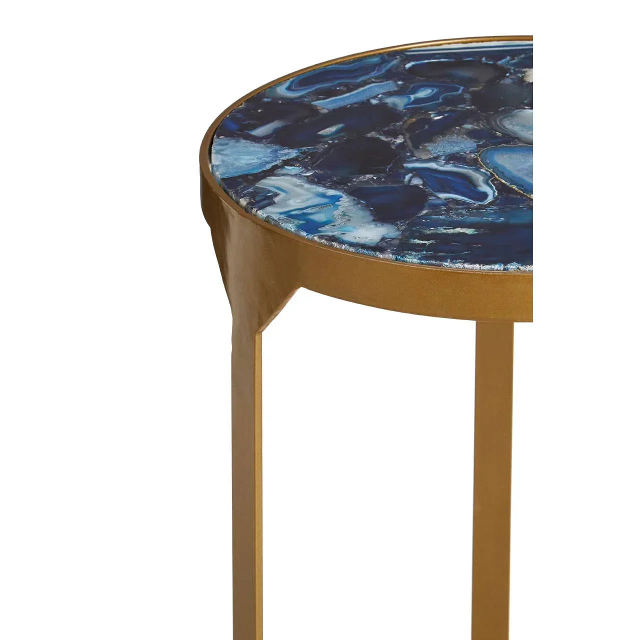 Round side table with blue agate top and gold metal frame, close-up side view
