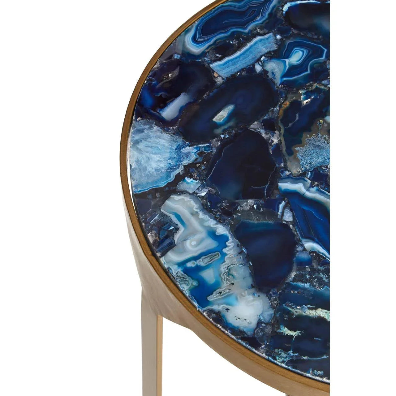 Blue agate side table with gold metal frame, close view of polished stone tabletop