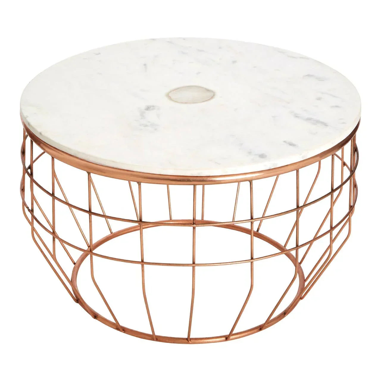 Round marble coffee table with copper wire metal base on white background