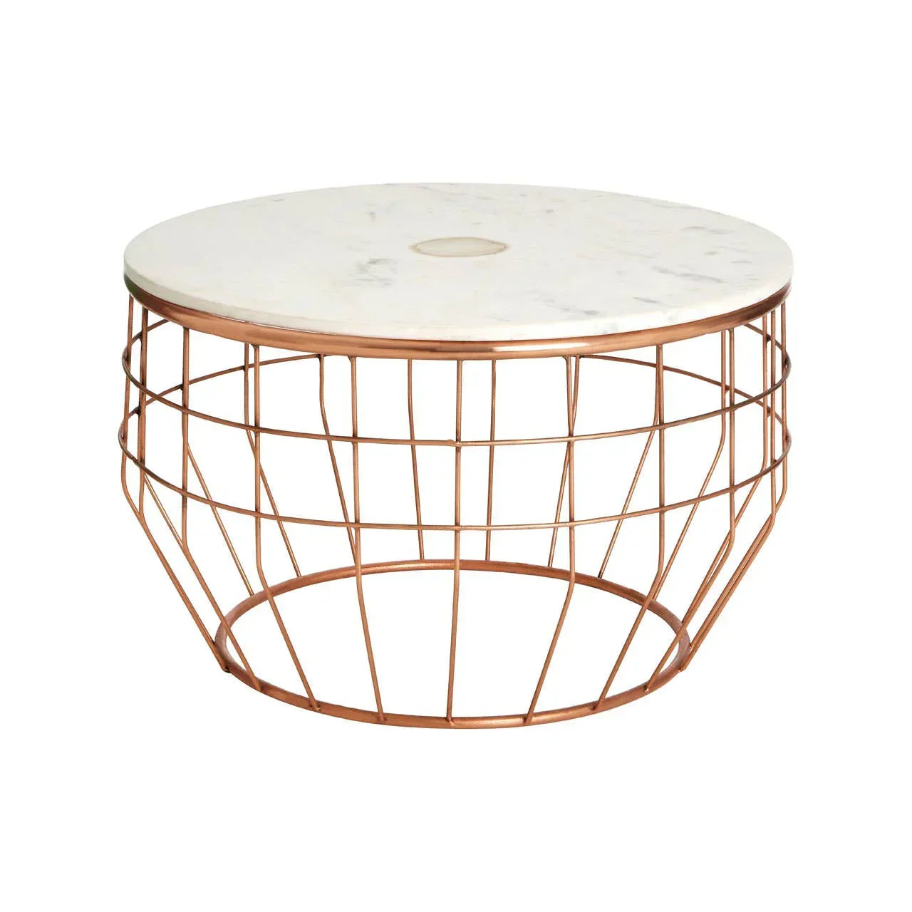Round marble top coffee table with copper wire metal base, modern living room furniture