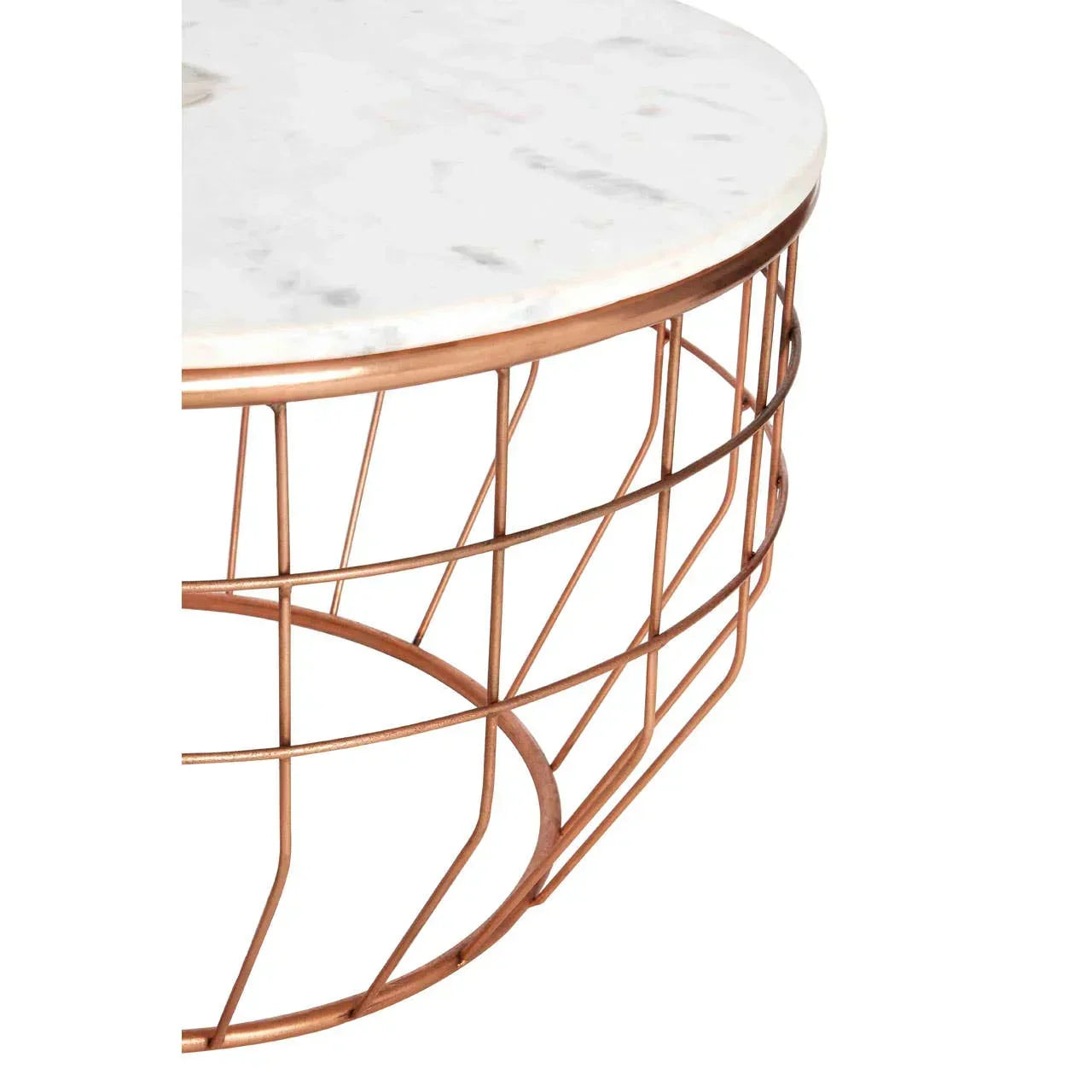 Round marble top coffee table with geometric copper metal base, close-up angle