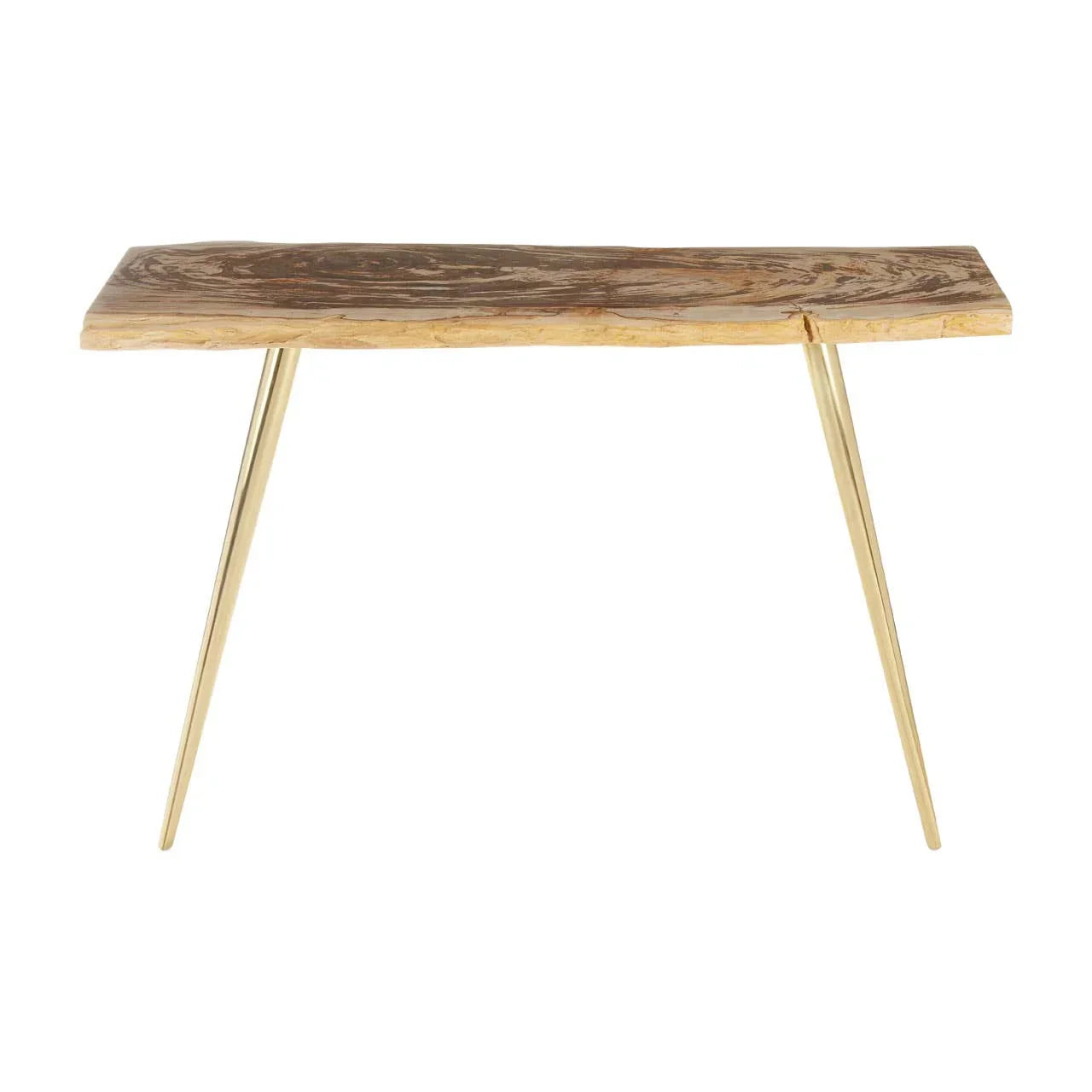 Console table with natural wood top and slim gold metal legs