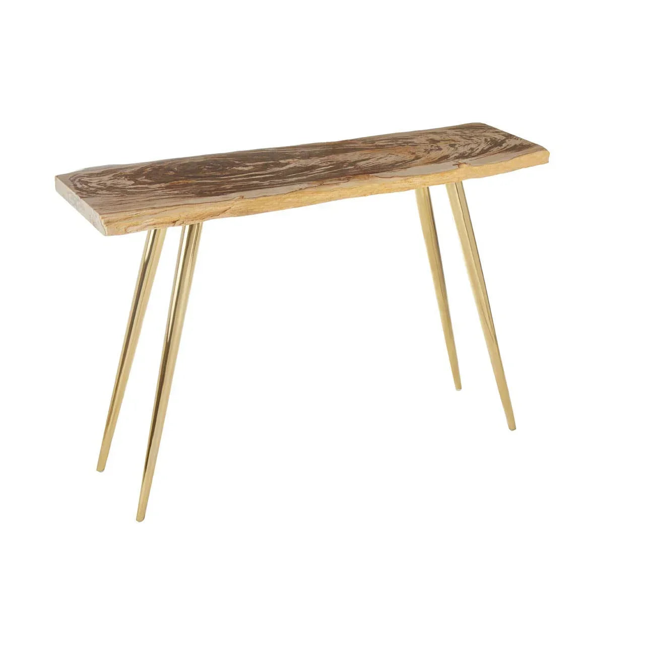 Live edge wood console table with gold metal legs, angled view against white background