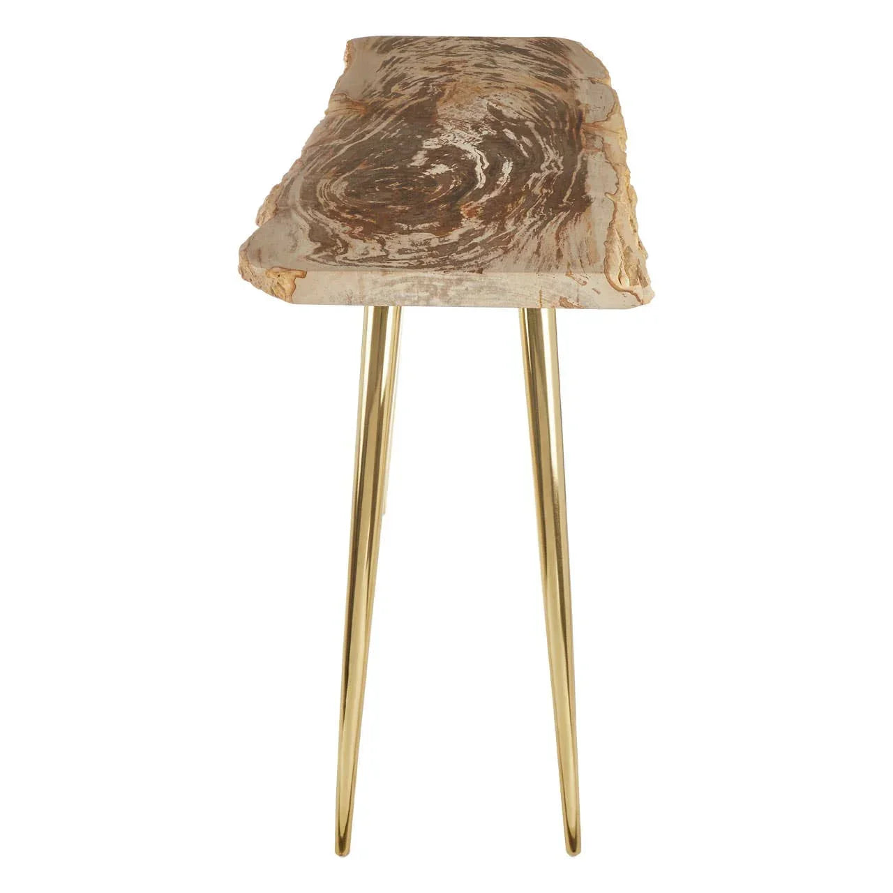 Live edge wood console table with gold metal hairpin legs, side view