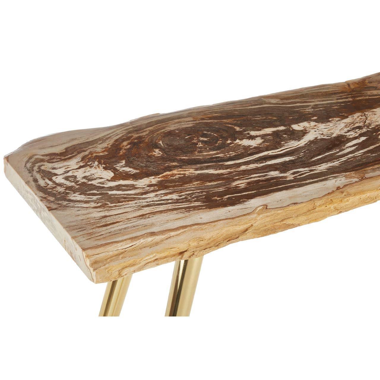 Live edge wooden bench with natural grain and gold metal legs, close up view