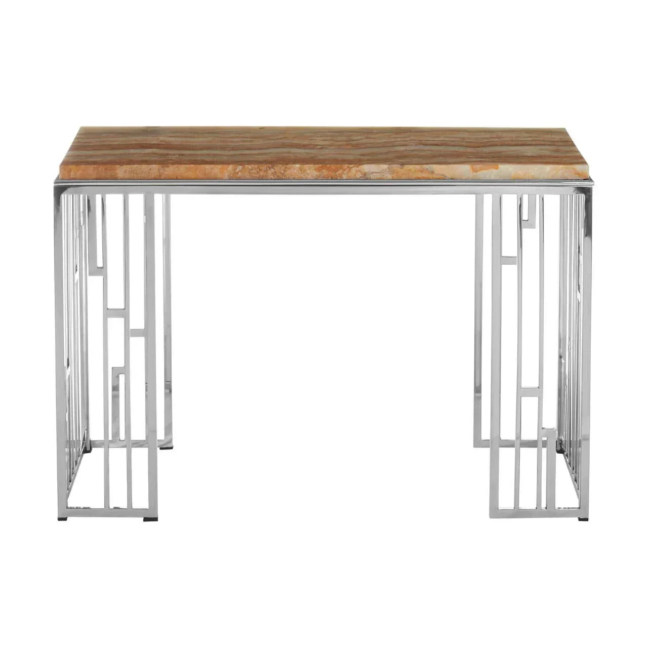 Console table with brown marble top and chrome geometric metal legs