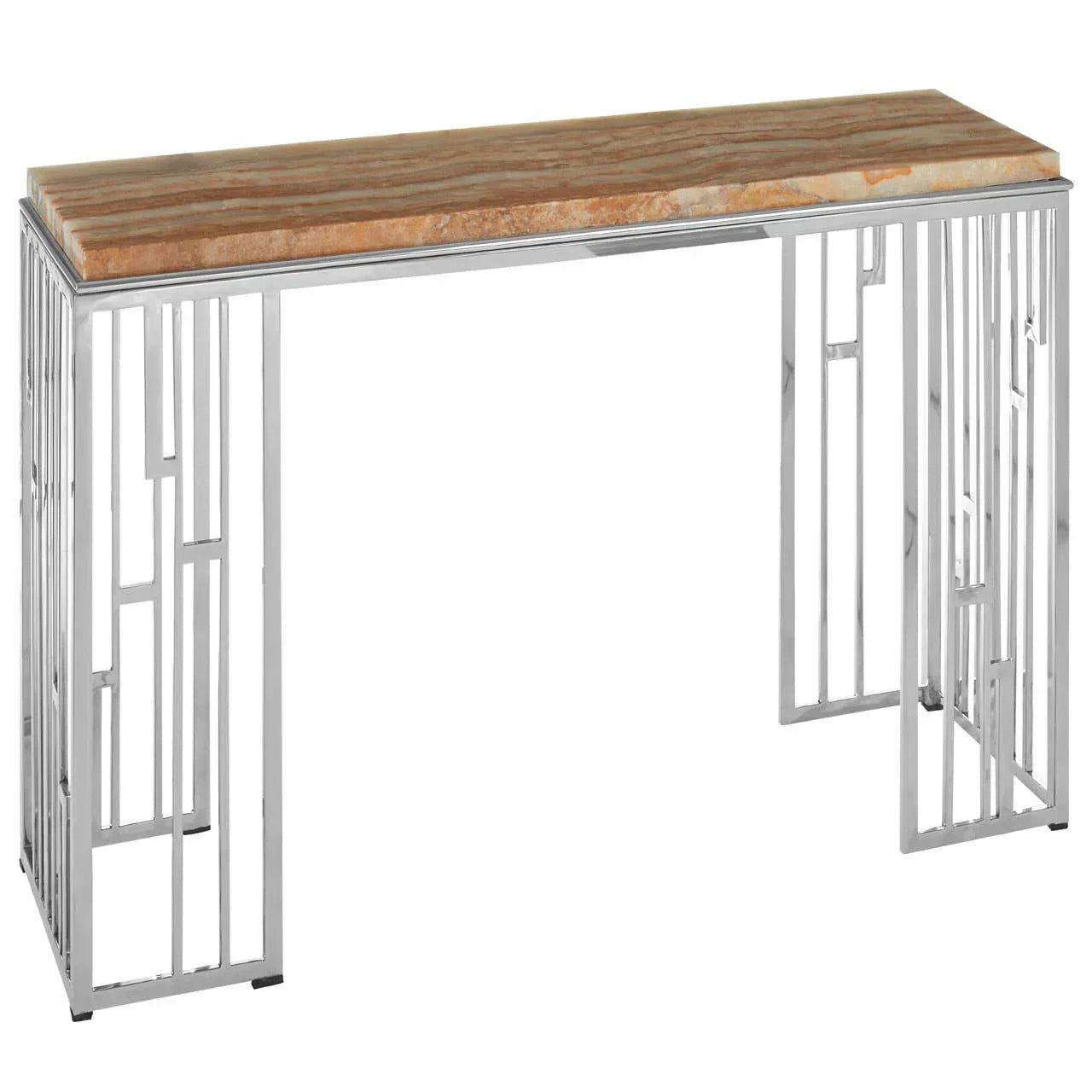 Modern console table with brown marble top and chrome metal geometric frame