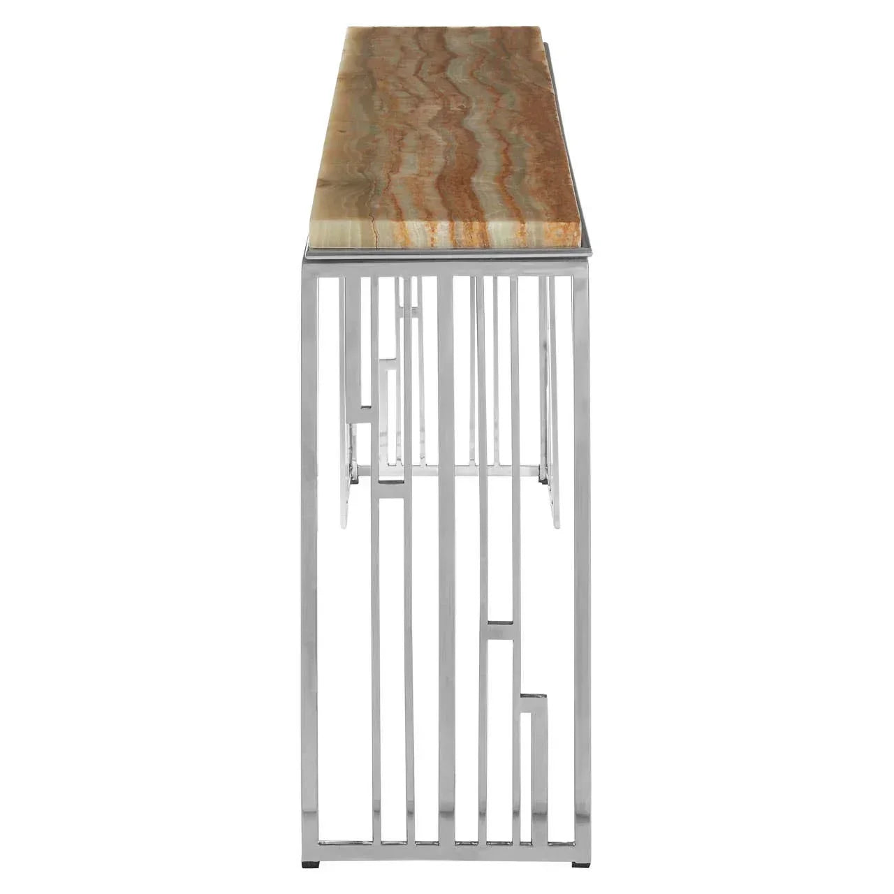 Narrow console table with brown stone top and geometric chrome metal frame, side angle view